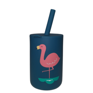 Szilikon pohár szívószállal – türkízkék flamingó